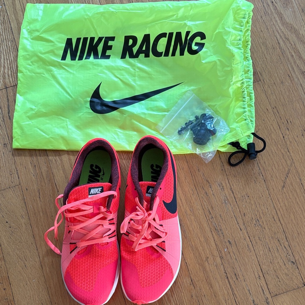 Nike Pink and Black Track Spikes with Neon Green Bag